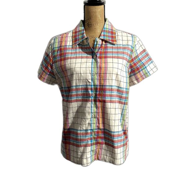 NWT Vintage Lemon Grass Rainbow Plaid Button Down Short Sleeve Size Small - Picture 1 of 4